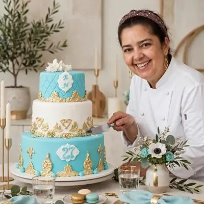 Bolo Azul e Dourado - flores
