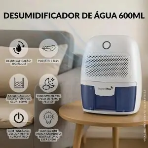Desumidificador De Ar Elétrico Antimofo 600ml Portátil Branco Área 15m2 Extração Diária 300ml/dia