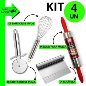 Kit Utensílios Culinários Completo em Aço Inoxidável Fuê Espátula Cortador Pizza e Rolo de Massa